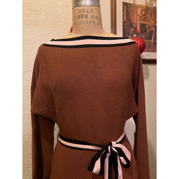 Off the Shoulder Boat Neck Contrast Long Sleeve Knit Belted Sweater Dress Size M - Picture 5 of 14